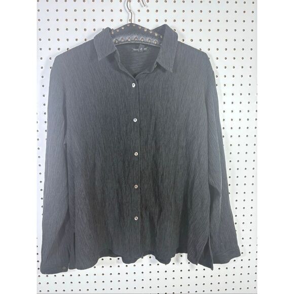 Eileen Fisher Woven Plisse Classic Collar Shirt Black Long Sleeve Minimalist siz - Picture 1 of 4